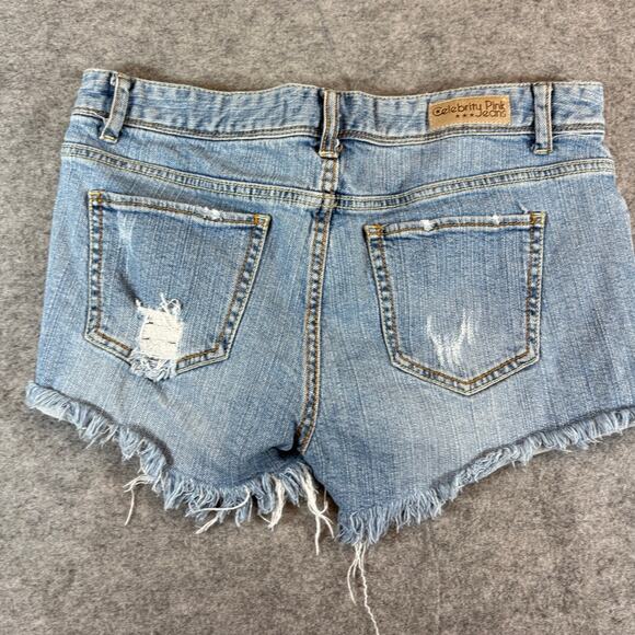 Y2K Celebrity Pink Jeans Hotpants Shorts Womens 7 Blue Denim Frayed Distress - Picture 3 of 5